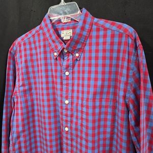 J. Crew Lightweight Slim Gingham Shirt Sz L Red Blue Plaid Dark Academia Grandad